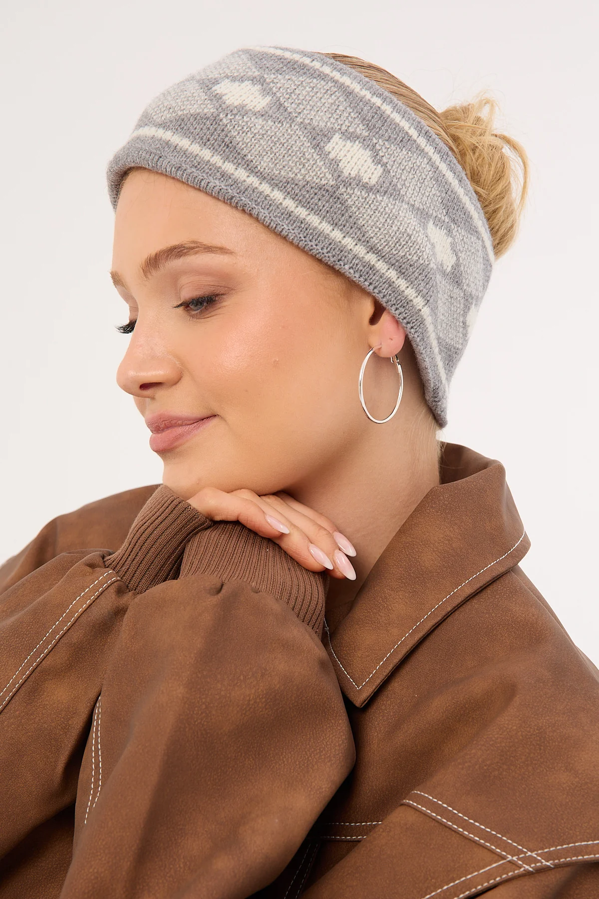 Knitted Argyle Headband Grey