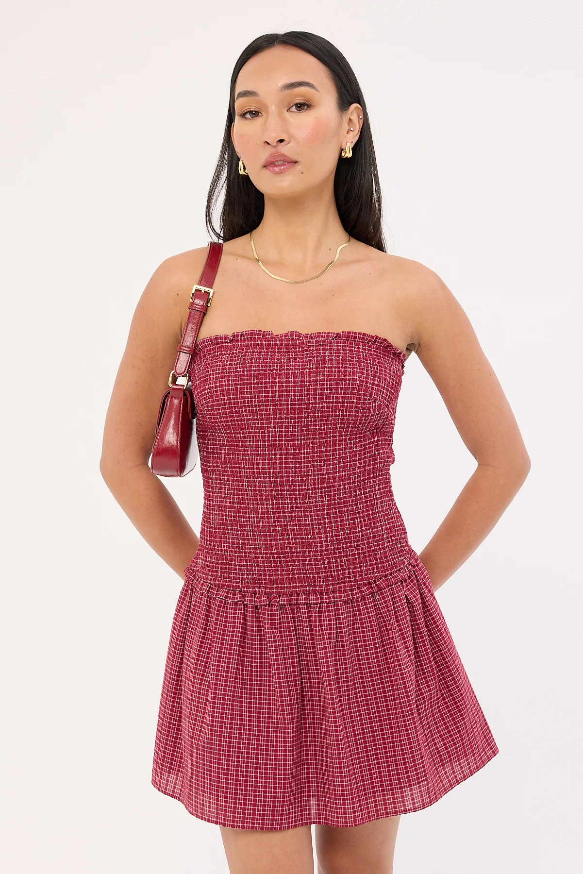 Andie Shirred Mini Dress Burgundy Check