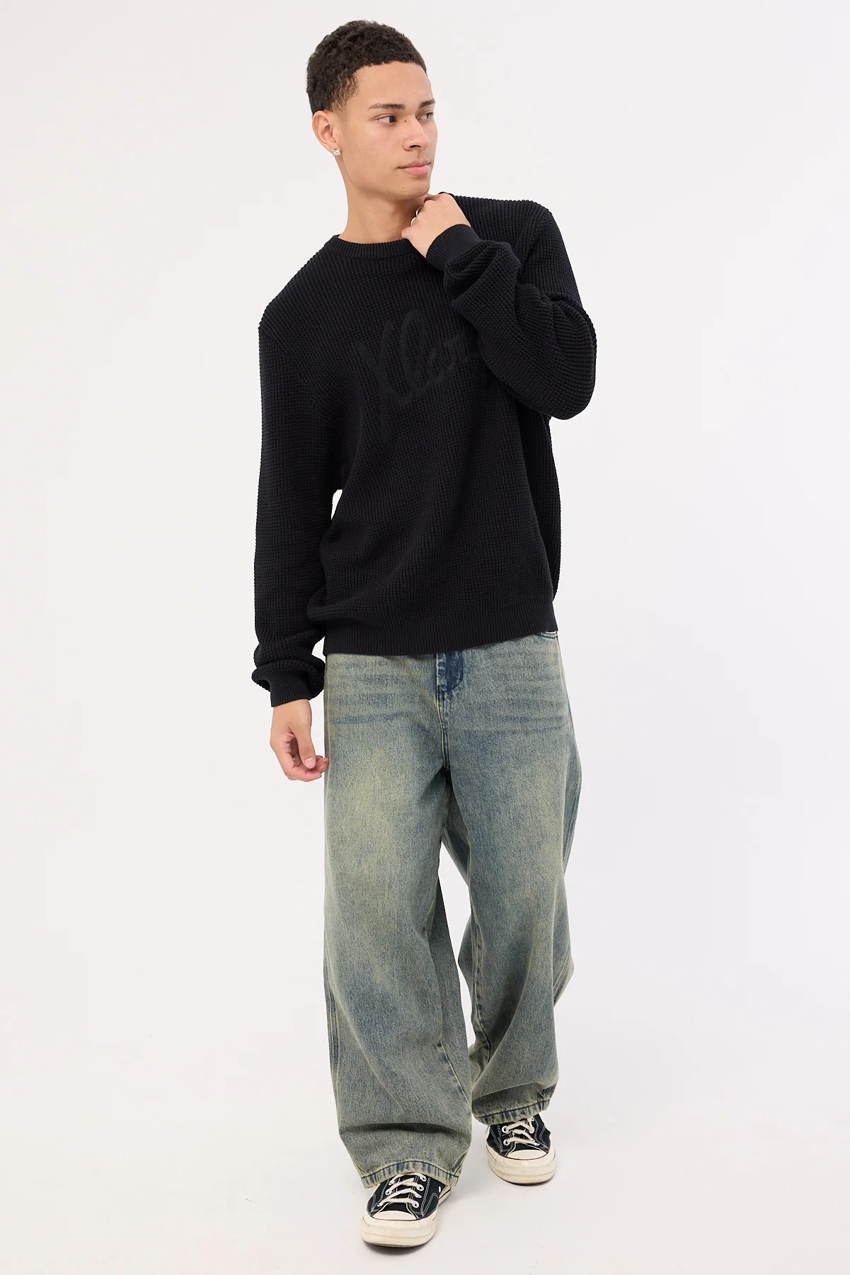 Script Waffle Knit Sweater Black
