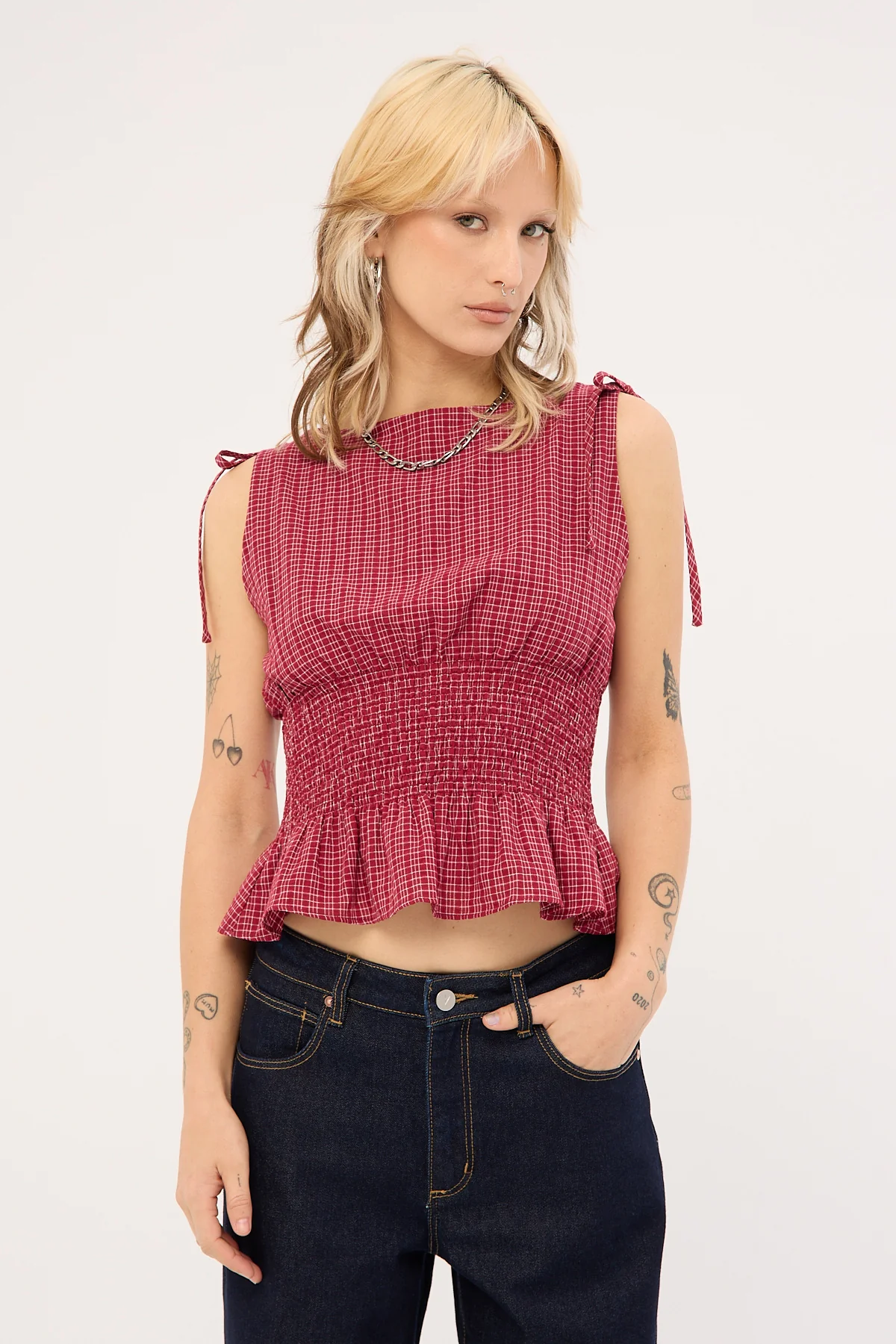 Andie Ruched Tie Top Burgundy Check