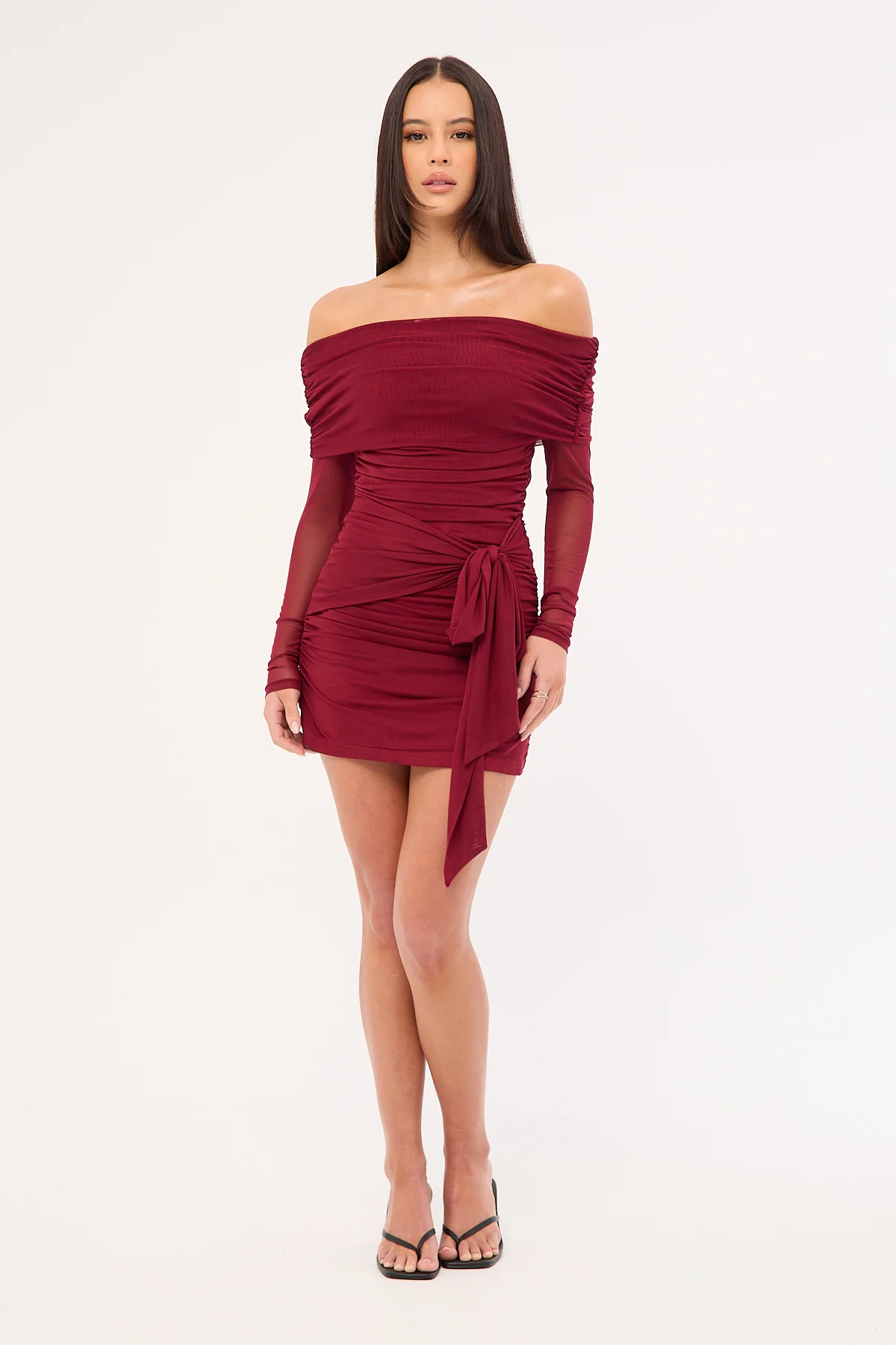 Elyse Off Shoulder Long Sleeve Mini Dress Burgundy