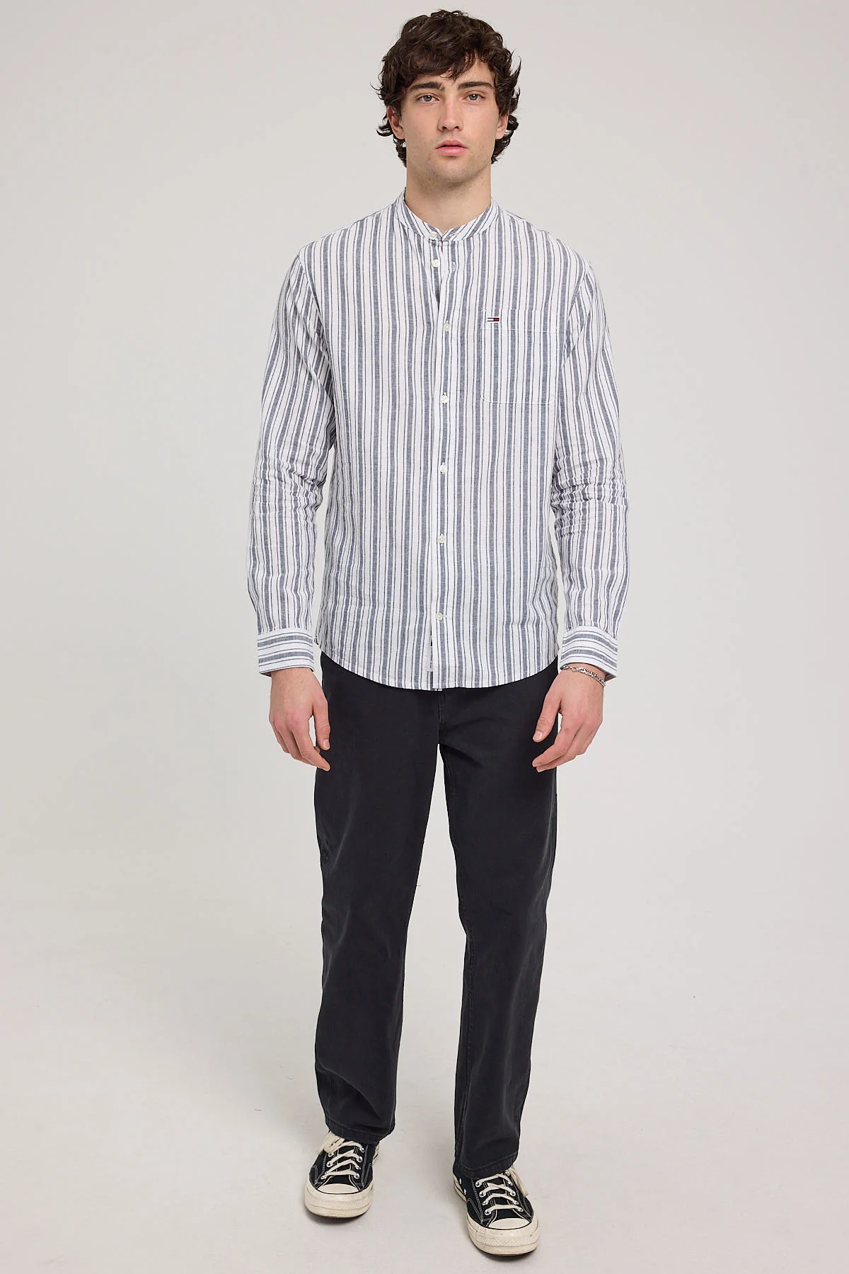 TJM MAO Stripe Linen Blend Shirt Dark Night Navy Stripe