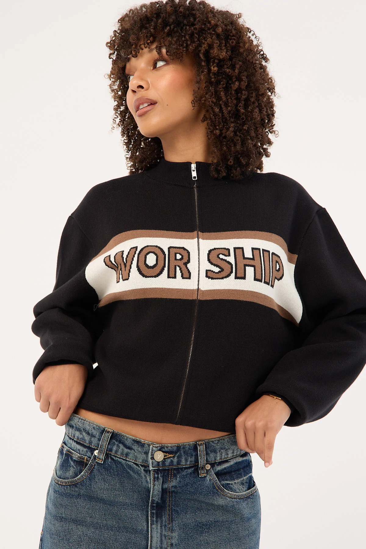 Brassy Zip Front Knit Jacket Black