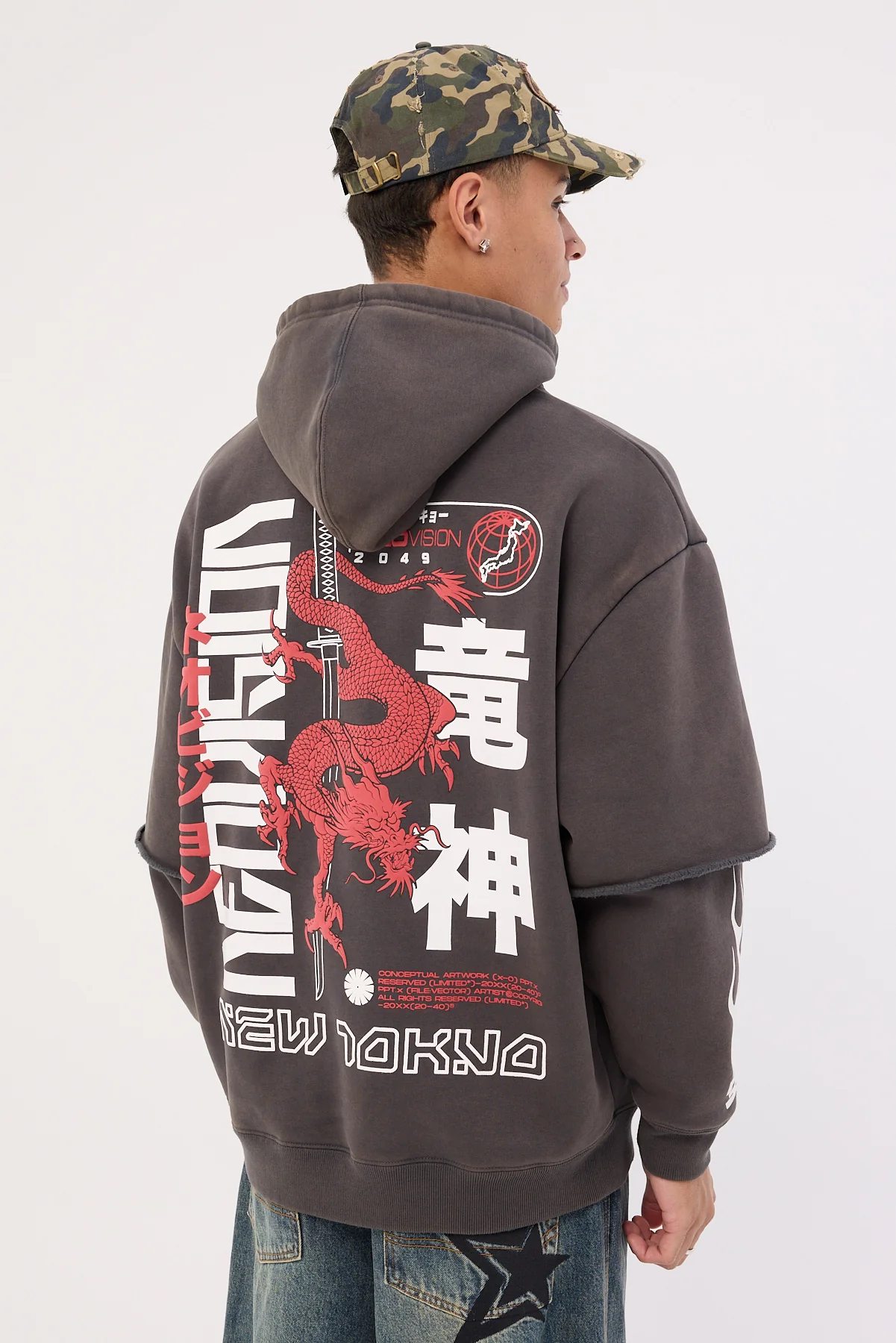 Riyu Sleeve Hoodie Sunfade Washed Black