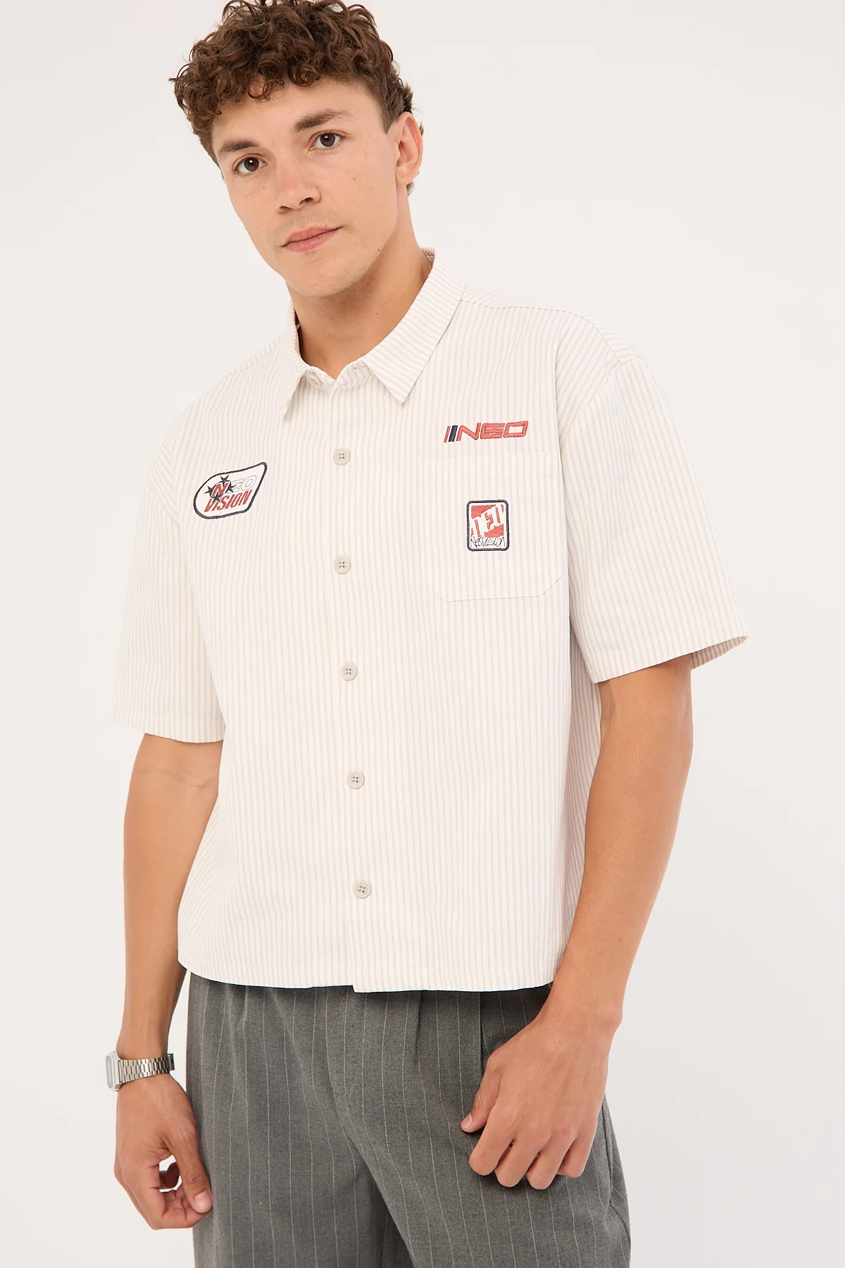 Zephyr Cropped Oversize Short Sleeve Shirt Grey Stripe